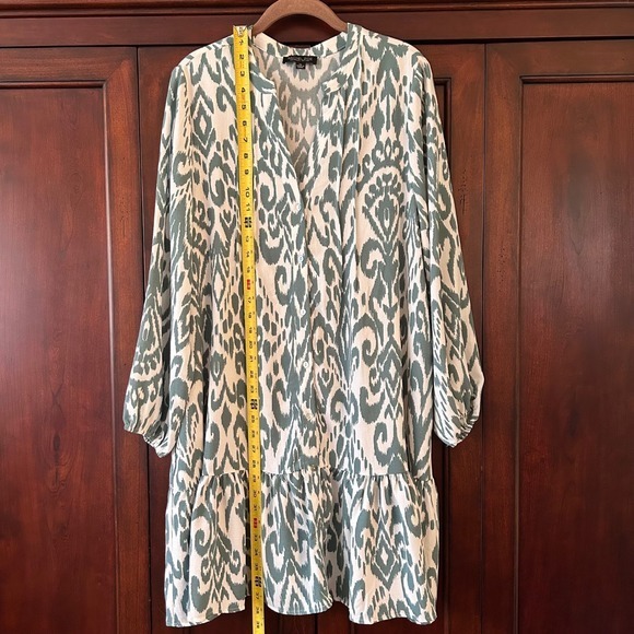 New Rachel Zoe Size XL Green White Dress Long Sleeve V-Neck Knee Length Tiered - Picture 8 of 11